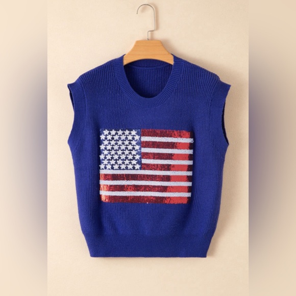 New Boutique Sequin Sparkle American Patriotic Holiday Sweater July 4th - Picture 4 of 11